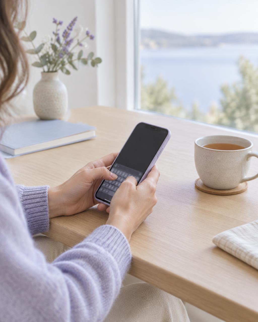 Eine Person schreibt am Tisch eine Nachricht auf dem Smartphone