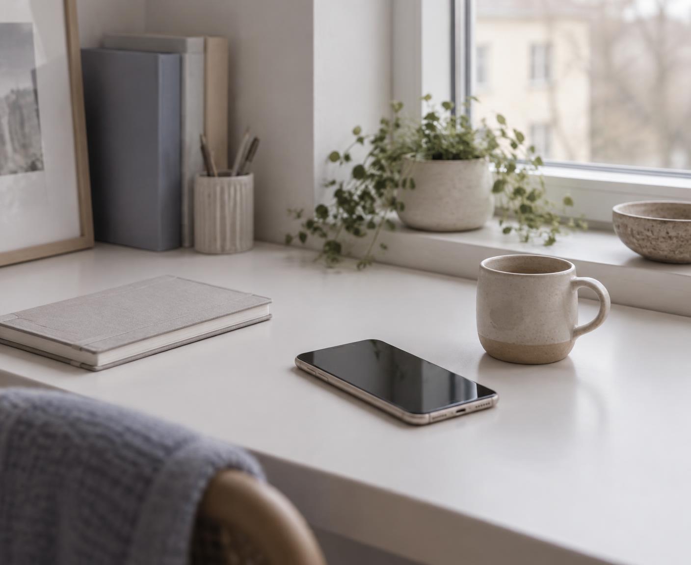 Ruhiger Arbeitsplatz mit Smartphone, Notizbuch und einer Tasse am Fenster